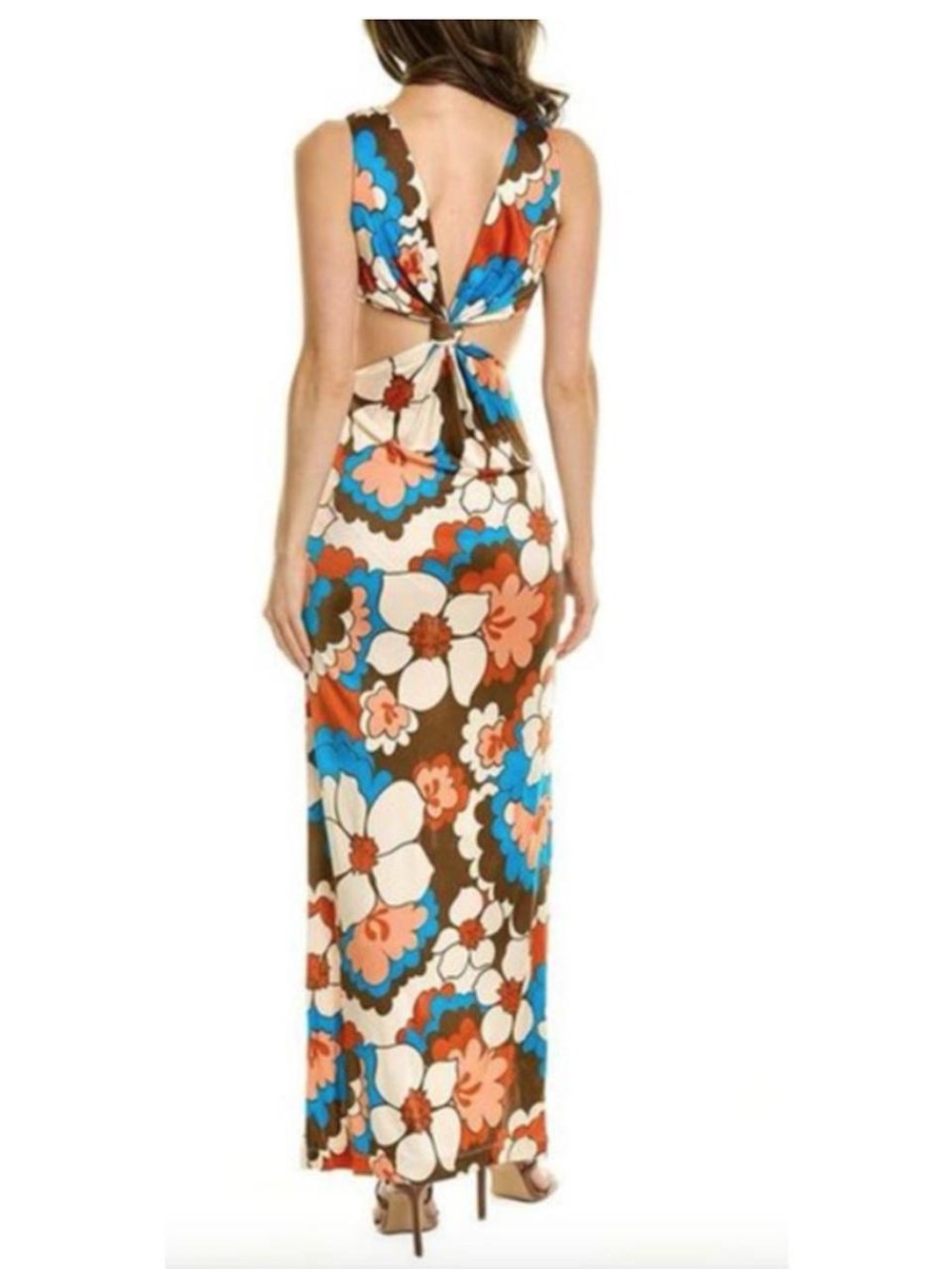 Ronny Kobo Collection Floral Back-Twist Maxi Dress in Brown, Blue & Cream